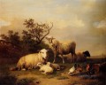 Belgien Verboeckhoven Eugene Schaf mit ruhenden Lämmern und Geflügel in einer Landschaft
